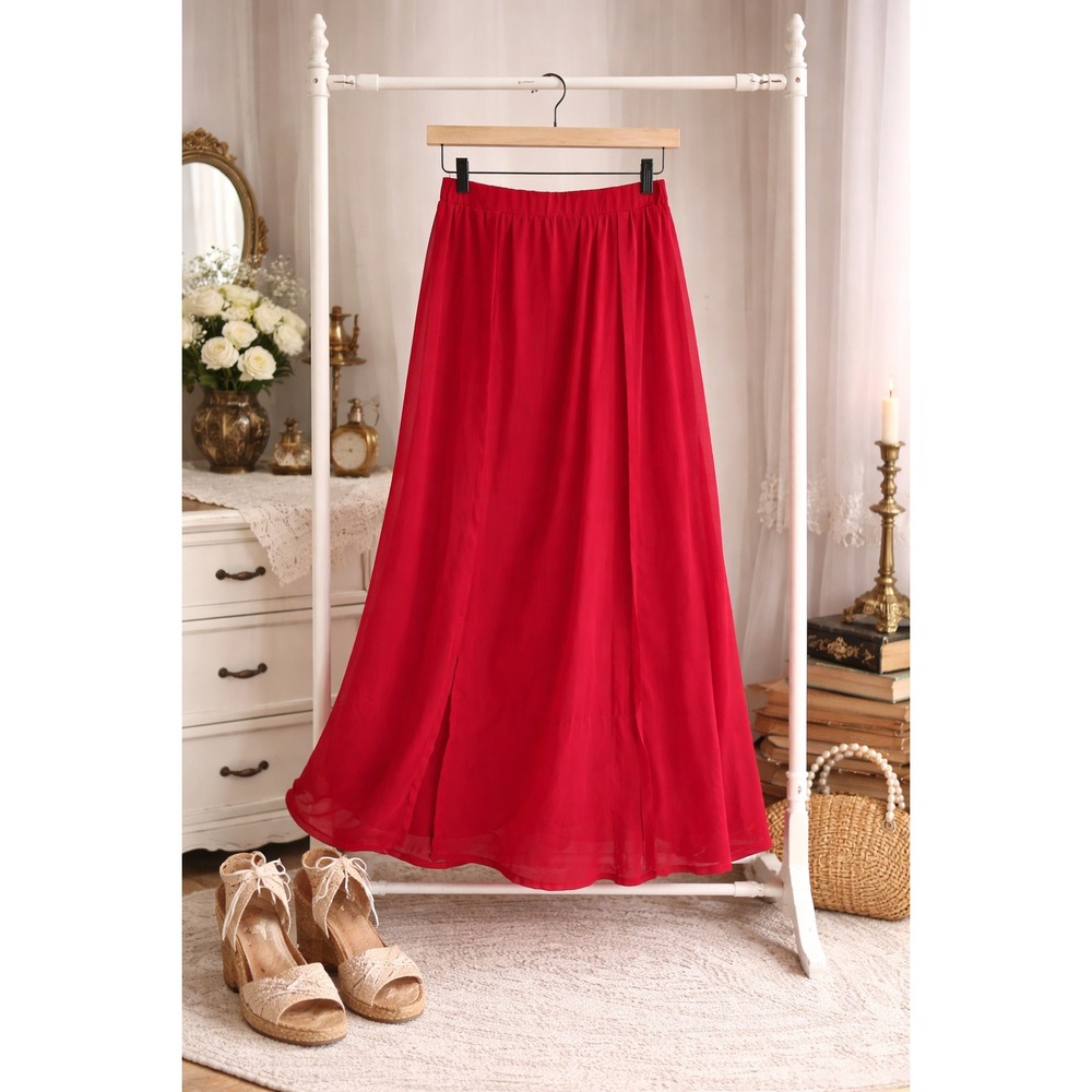 Unbranded Burgundy Double Slit‎ Maxi Skirt Women One Size Sheer Bodysuit Lined